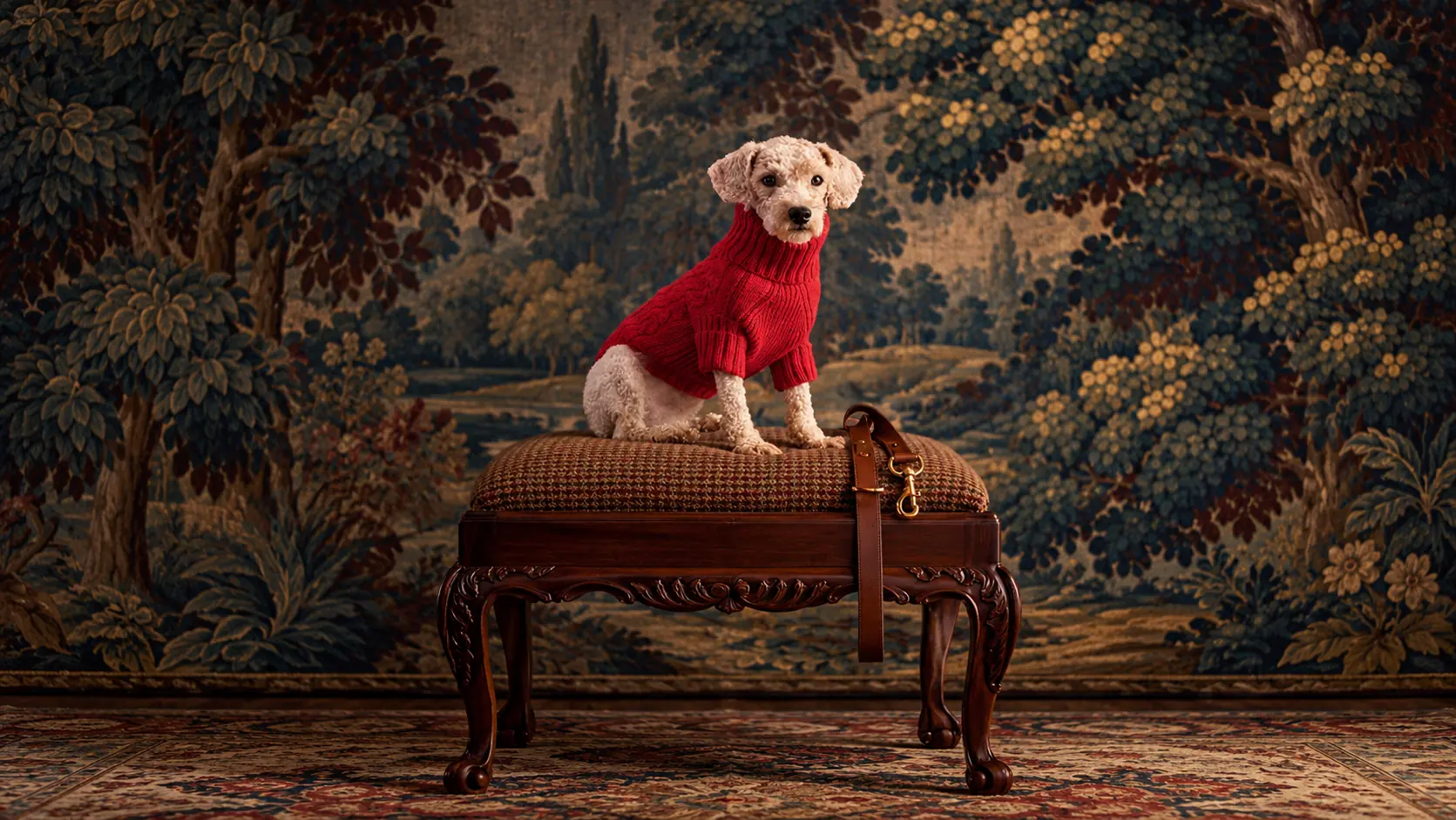 A small dog in a red knitted sweater sitting on an antique bench in front of a tapestry