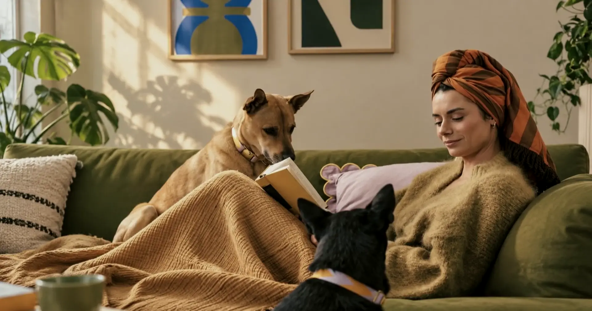 A woman reading on a sofa with her two dogs
