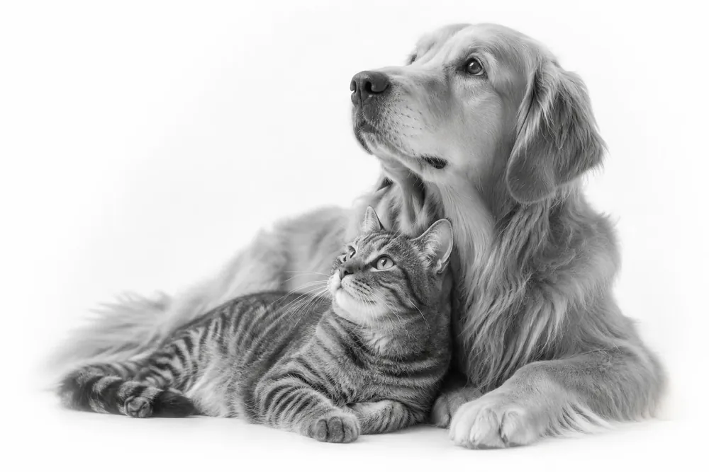 A golden retriever and a tabby cat lying together